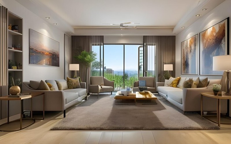 Spacious and modern 3 BHK flat with living room, kitchen, and bedrooms